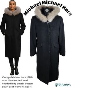 Vintage Michael Kors Women 100% wool fox fur Trim hood long Coat button down 4